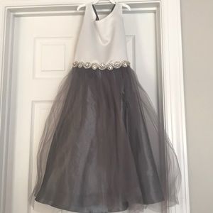 Ivory and charcoal gray tulle formal gown